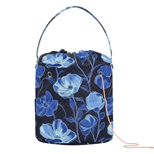 Yarn Storage Bag Small Crochet Bag Knitting Bag Organizer Blue Flowers Black Yarn Bags for Crocheting Basket