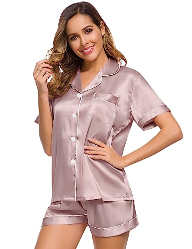 Image of SWOMOG Women Silk Satin Pajamas Set Short Sleeve Button Down Sleepwear Loungewear Pj Sets