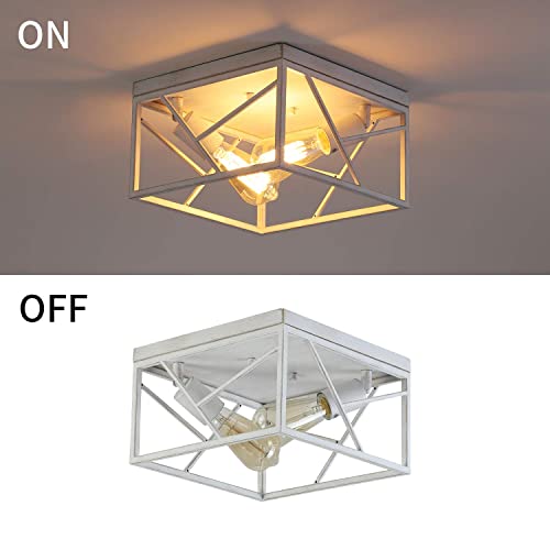 Modern Farmhouse Flush Mount Light Fixture Two-Light Rustic Metal Square Semi Flush Mount Ceiling Light For Hallway Bedroom Kitchen Entryway Dining Room, White With Gold #TOP7