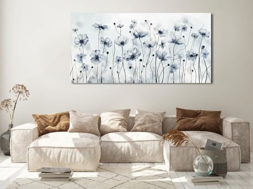 Image of VEAEE Framed Flowers Canvas Wall Art - Indigo Floral Canvas Pictures, Living Room Wall Decor, Botanical Canvas Prints Painting Abstract Artwork Bedroom Office Home Decor 29 inchx58 inch