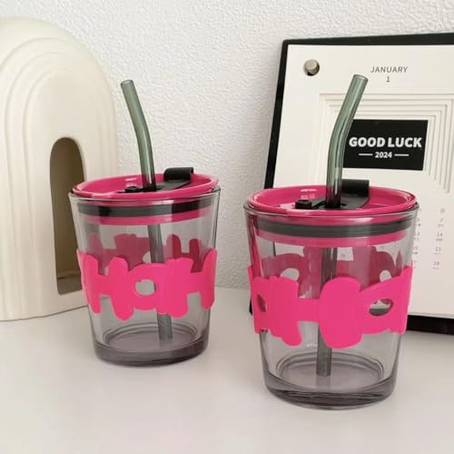 Image of Glass Sipper Tumbler with Straw (Set of 2) | 350ml Stylish Cup for Cold & Hot Drinks | Reusable Travel Mug for Office, Gym, Home