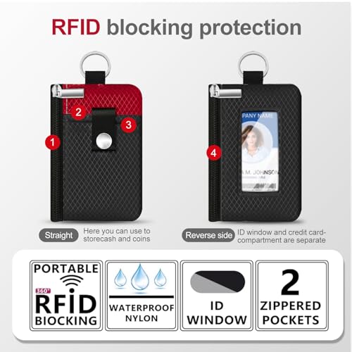 Image of Minimalist RFID Blocking Small Wallet with ID Window,WaterResistant Zip Id Case Wallet with Lanyard Keychain for Cards,Cash,Travel,Women,Men (Black /Red)