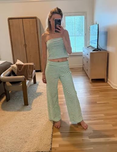 Image of Women's Striped Two Piece Sets Cropped Tube Top and Wide Leg Pants Lounge Matching set with Pockets