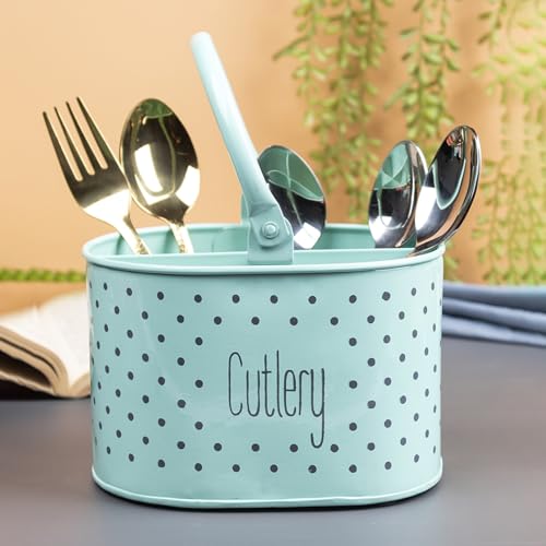 Image of MARKET 99 Green Polka Dot Cutlery Holder | Oval Metal Knife & Fork Holder with Glossy Finish | Multipurpose Kitchen & Dining Table Organizer for Utensils, Spoons, Chopsticks & Office Desk