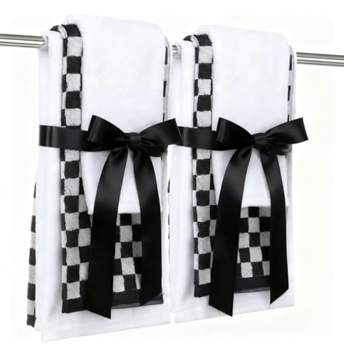 Hillsuren 6 Pcs Checkered Hand Towels Set of 6 Black
