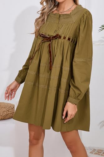 D-Sun Women Babydoll Dress Long Puff Sleeve Square Neck Lace A-Line Flowy Mini Dress Tie Embroidered Ruffled Y2K4