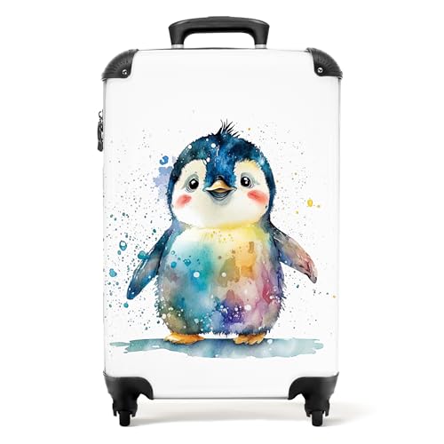 NoBoringSuitcases.com Valise Cabine Enfant 55x35x25cm - Bagages Roulette avec Motif Pingouin en Aquarelle - Blanc