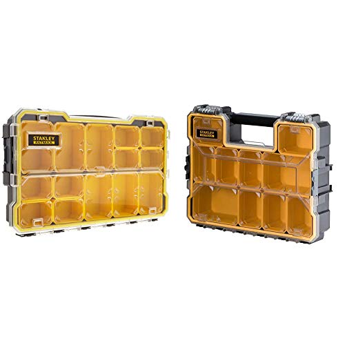 STANLEY FATMAX Pro 2/3 Shallow Stackable Storage Organiser for Small Parts, 6 Removable Compartments, FMST1-75779 with Stanley 1-97-518 Fatmax Deep Pro Organiser
