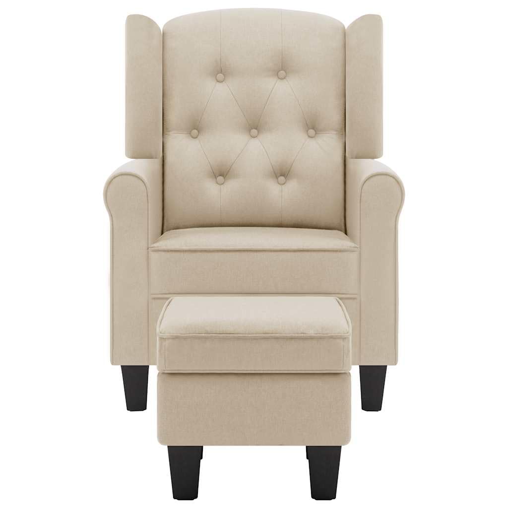 Fotel z podnóżkiem, kremowa tapicerka, 68 x 78 x 94 cm, z wysokim oparciem i drewnianą ramą, mebel wypoczynkowy do salonu, ergonomiczny i wygodny do czytania i relaksu