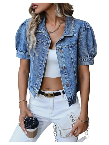 WDIRARA Women's Button Down Puff Short Sleeve Denim Jacket Cropped Jean Jackets
