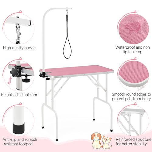 Yaheetech 32'' Foldable Dog Grooming Table Pet Dog Cat Drying Beauty Table with Adjustable Folding Fixed Arm Folding Legs Maximum Capacity 100KG Pink - Image 4