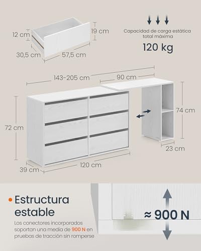 SONGMICS HOME Tocador, Montaje Rápido sin Herramientas, Cómoda, Aparador, Escritorio con Estante, Lado a Lado o en Forma de L, para Dormitorio, Estudio, Tecnología Toolless, Blanco Nieve LTS656W01 - imagen 4