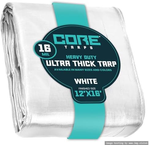 Core Tarps Extra Heavy Duty 16 Mil Tarp Cover, Waterproof, UV Resistant, Rip and Tear Proof, Poly Tarpaulin with Reinforced Edges for Roof, Patio, Pool, Boat (White 12′ X 16′)