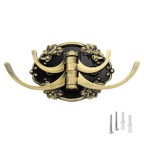 Zeetab Leaf Multipurpose Metal Hanger with Adjustable 4 Big Hook | Royal Wall Mounted Brass Key Holder for Home | Antique Metal Rail Robe for Cloth & Bathroom Towel (16x7cm)