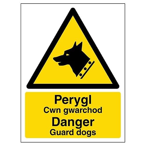 V Safety Welsh/English - Danger Guard Dogs 300 x 400 mm - Self Adhesive Vinyl Safety Sign