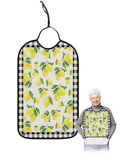 Kewadony Adult Bibs for Elderly Women - Summer Lemon Waterproof Dining Clothing Protectors with Crumb Catcher for Eating/Feeding, Farm Yellwo Fruit Country Black White Plaid Terry Cloth Bib Washable