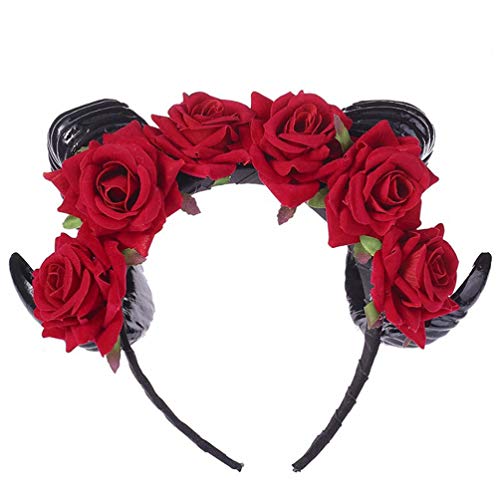 FRCOLOR Horn Flower Headband Headpiece,Rose Flower Hair Hoop Headband Mexican Floral Black Halloween for Women,Girls(Red)