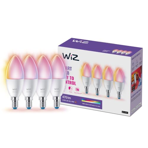 WiZ Lampadina Candela Smart LED WiFi, Luce Bianca e Colorata, E14, 40W, Tecnologia SpaceSense, Controllo Vocale (Alexa, Apple HomeKit, Google Home), confezione da 4