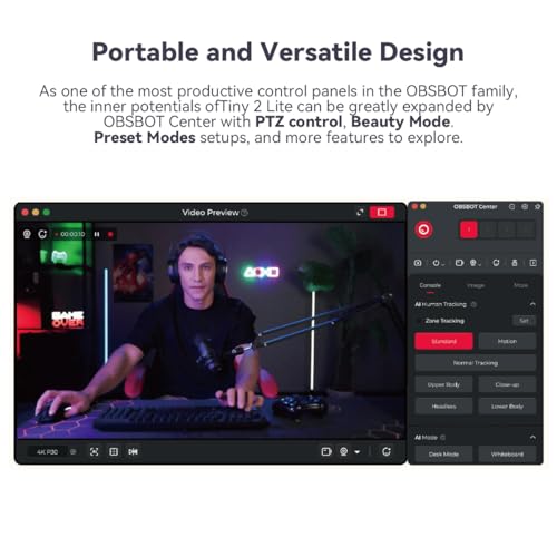 Image of OBSBOT Tiny 2 Lite 4K PTZ Webcam AI-Tracking 1 /2 inch CMOS | 1 /2 inch CMOS 48MP HDR 4K@30fps 1080p@60fps Dual-Mic NR Gesture Control 2.0 Preset Modes Streaming, Meeting, Gaming