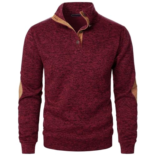 Men Knitted Sweatshirt Stand Collar Button Elbow Patch Long Sleeve Tops Casual Loose Thermal Fall Winter Pullover Top2