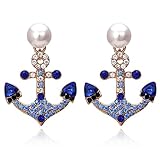 Anchor Earrings for Women Blue Rhinestone Earrings Pearl Drop Earrings Nautical Outfits for Women Rhinestone Pearl Earrings Nautical Jewelry for Women Yacht Accessories