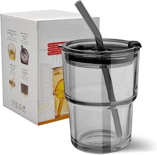 Image of KHOLAD Glass Reusable Sipper Bottle with Leather Sleeve Glass Coffee Mug with Glass Straw and Leakproof Lid Tumbler for Coffee,Tea, Milk Beverages Pack of 1,400ml Home & Travel Sippy Mason (Black)