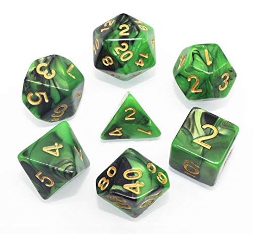 DND Dice Set RPG Black & Green 7-Die Dice Set Fit Dungeons and Dragons(D&D) Pathfinder MTG Role Playing Games Polyhedral Dice with Dice Pouch