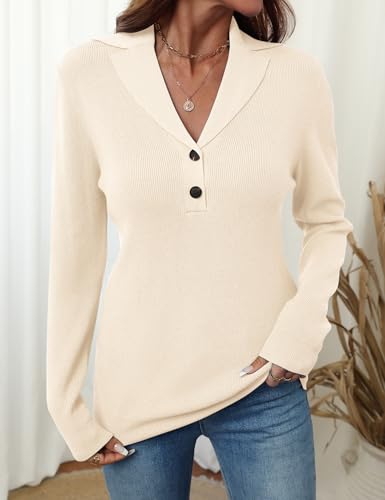 Image of LOMON Sweaters for Women 2025 Fall Knitted V-Neck Collared Button Pullover Dressy Casual Long Sleeve Polo Shirts Business