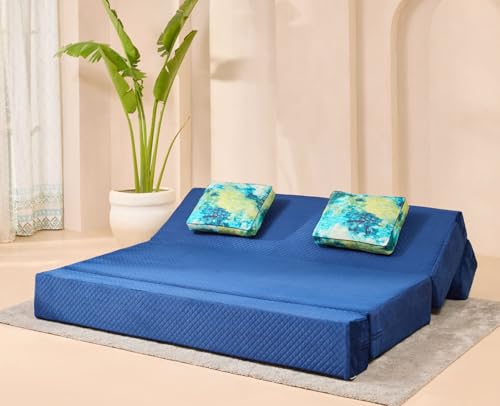 Image of uberlyfe Xtra High, Xtra Soft 3 Seater (6' x 6') Sofa Cum Bed | 1 Year Warranty | 17 inch Sofa Height | King Size Foldable Bed | Plush Laser Quilted Fabric| 2 Cushions Ocean Hues Pattern | Deep Blue Color