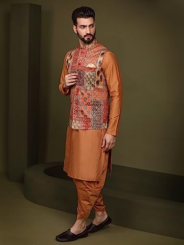 Image of KISAH Men's Navy Blue Printed Cotton Kurta - Regular Fit Long Tunic with Mandarin Collar | Ethnic Wear for Weddings & Festive Occasions