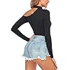SEVEGO Women's Soft Mock Neck Off The Shoulder Bodysuit with Long Sleeve Stretchy Tops Jumpsuit, Black, M
