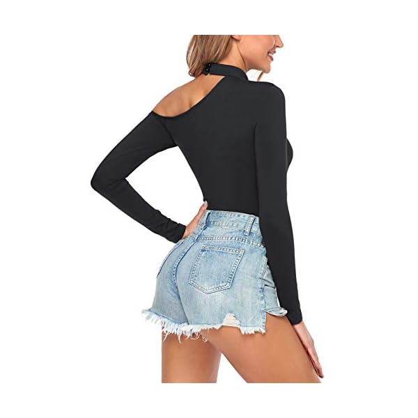 SEVEGO Women's Soft Mock Neck Off The Shoulder Bodysuit with Long Sleeve Stretchy Tops Jumpsuit, Black, M