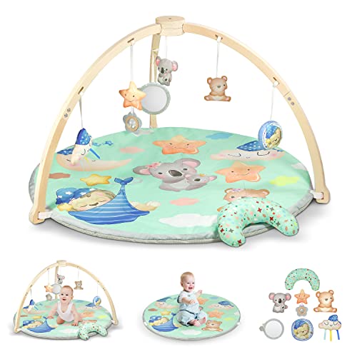 Image of FEISIKE Wooden Baby Activity Gym & Play Mat, Stage-Based Sensory and Motor Skill Development, Thick Non-Slip Design Tummy Time Mat Washable