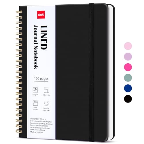 deli Black Lined Spiral Journal Notebook, 160 Pages, A5 (5.5