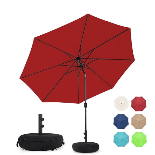 Sundale Outdoor 9FT Patio Umbrella with Sand Bag Umbrella Base, Outdoor Umbrella with Tilt and Crank, Red