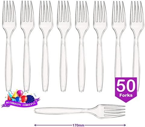 Pack of 150 Heavy Duty Reusable Clear Plastic Cutlery Set [ 50 Spoons, 50 Forks, 50 Knives Set ] Perfect for for Birthday Parties Buffets Picnics BBQ's Weddings Camping