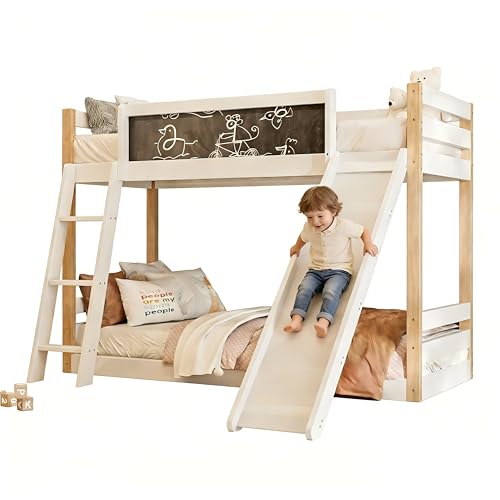 Azkoeesy Litera Infantil de 90x200 cm con tobogán y Escalera de 3 peldaños para 2 niños y Adolescentes con somier, Blanca y Natural