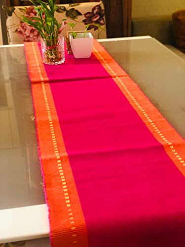 Image of RANGBHAR 6 Seater Dinning Table Runner, Ribbed Cotton Rectangular Shape Runner, 12 X 72 Inches, Washable And Double Sided, Pink Orange