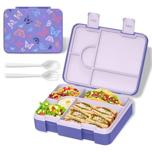 Image of Bento Lunch Box for Kids, Leak-Proof 5-Compartment Cute Lunchbox for Boys Girls, Drop-Proof, Food Container Microwave & Dishwasher Safe, Back to School Supplies for Ages 3 to 7, Purple /Butterfly