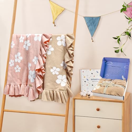 Image of Cotton Baby Blanket | 30x40 Inches Knitted Receiving Blanket with Ruffled Edges & Floral Design for Newborns, Crib & Stroller Use, Premium Gift Choice (Beige)