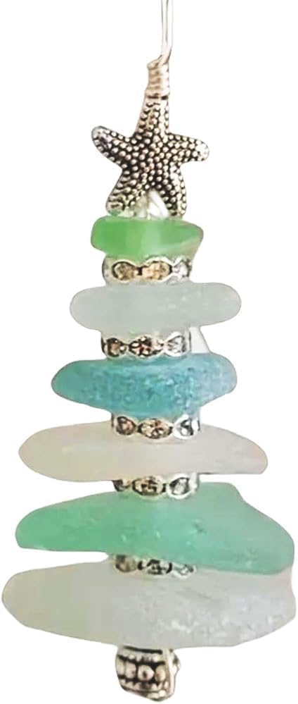 Sea Glass Christmas Tree Ornament, Handmade Starfish Crystal Christmas Pendant, Marine Element Christmas Hanging Decoration, Crystals Glass Christmas Tree Pendant Decor Crafts (A)