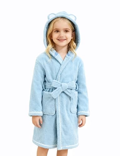 JiAmy Albornoz de algodón suave para niños, cómodo y acogedor, bata de baño con capucha de oso y cinturón ajustable para niños de 1 a 8 años, azul, 1 2 años