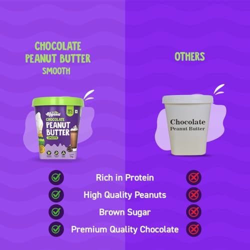 Image of ALPINO Chocolate Peanut Butter Smooth 1kg - Roasted Peanuts, Chocolate Paste & Brown Sugar - 26% Protein, Source of Healthy Fats (Pack of 3)
