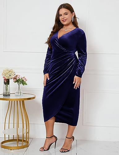 Image of ZOMVA Plus Size Velvet Wrap Dress Ruched Bodycon Dress Long Sleeves Ruffle Long Elegant Party Wedding Guest Cocktail Holiday