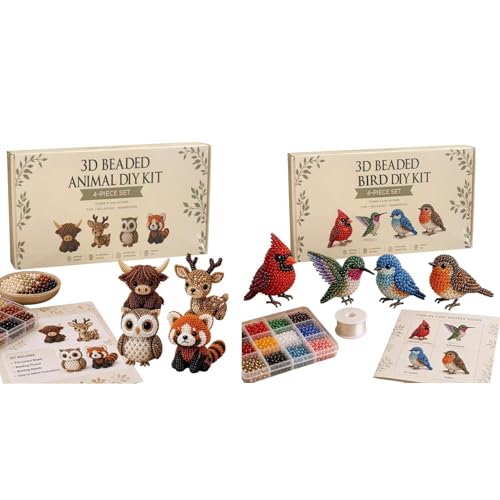 2 Kit de perles d'animaux bricolage | Petit ensemble bricolage animaux perlés 3D | Kit de broderie perle faites à la main avec instructions | Fournitures artisanales de perle d'oiseaux mignonnes