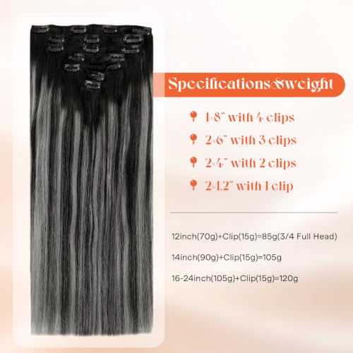 Image of Sunny Hair Clip in Hair Extensions Real Human Hair Black Ombre Balayage | 14 Inch Hair Extensions Clip Ins Natural Black Ombre Balayage Silver Grey, Natural Length and Secure Hold for Party 105g