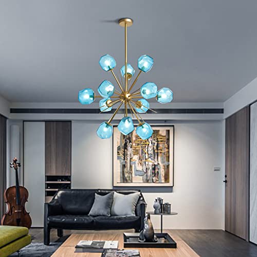 Modern Murano Glass Sputnik Chandelier - 12-Light Blue And Gold Crystal Chandeliers, Height Adjustable Pendant Lighting Ceiling Light Fixture For Hotel Kitchen Dining Room Living Room Bedroom #TOP3