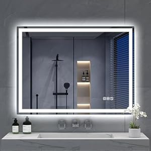 S’bagno Bluetooth-Bathroom-Mirror-with-LED-Lights 800x600mm, LED-Bathroom-Mirror with Defogging Mat, 3000K-6500K, Dimmable, Memory, HD Tempered Glass, IP44 Waterproof, Horizontal/Vertical