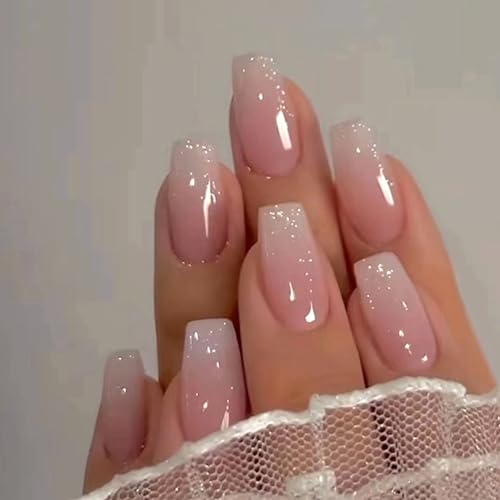 24Pcs French Short Square Press on Nails - Pink Gradient With Removable Glue-on Designs, Acrylic Full Cover for Women Girls Nail Art Accessories
