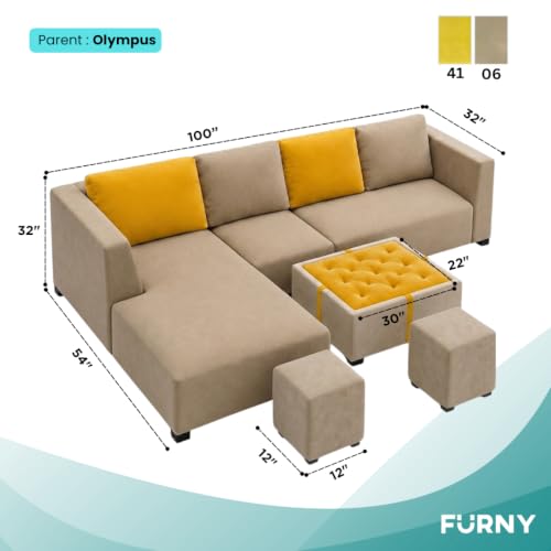 Image of FURNY Olympus 8 Seater LHS L Shape Sofa Set | Plush Velvet Suede Fabric | Modern Design | Soft Comfort Dual Color Cushions for Living Room, Office & Hotels (Beige-Yellow)